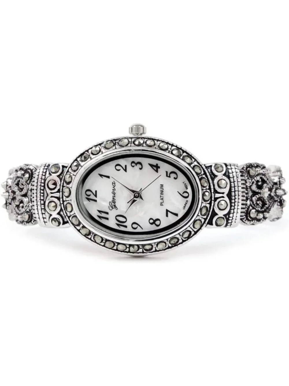 Vintage Silver Black Marcasite Crystal Women's Bangle Cuff Watch - Elegant Oval